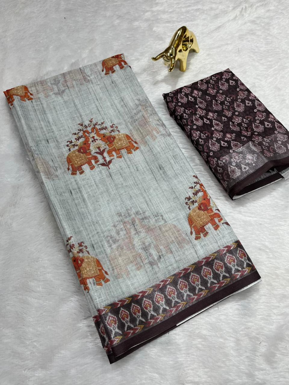 Soft Linen Cotton Saree with Animal Digital Prints & Silver Zari Border