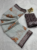 Soft Linen Cotton Saree with Animal Digital Prints & Silver Zari Border