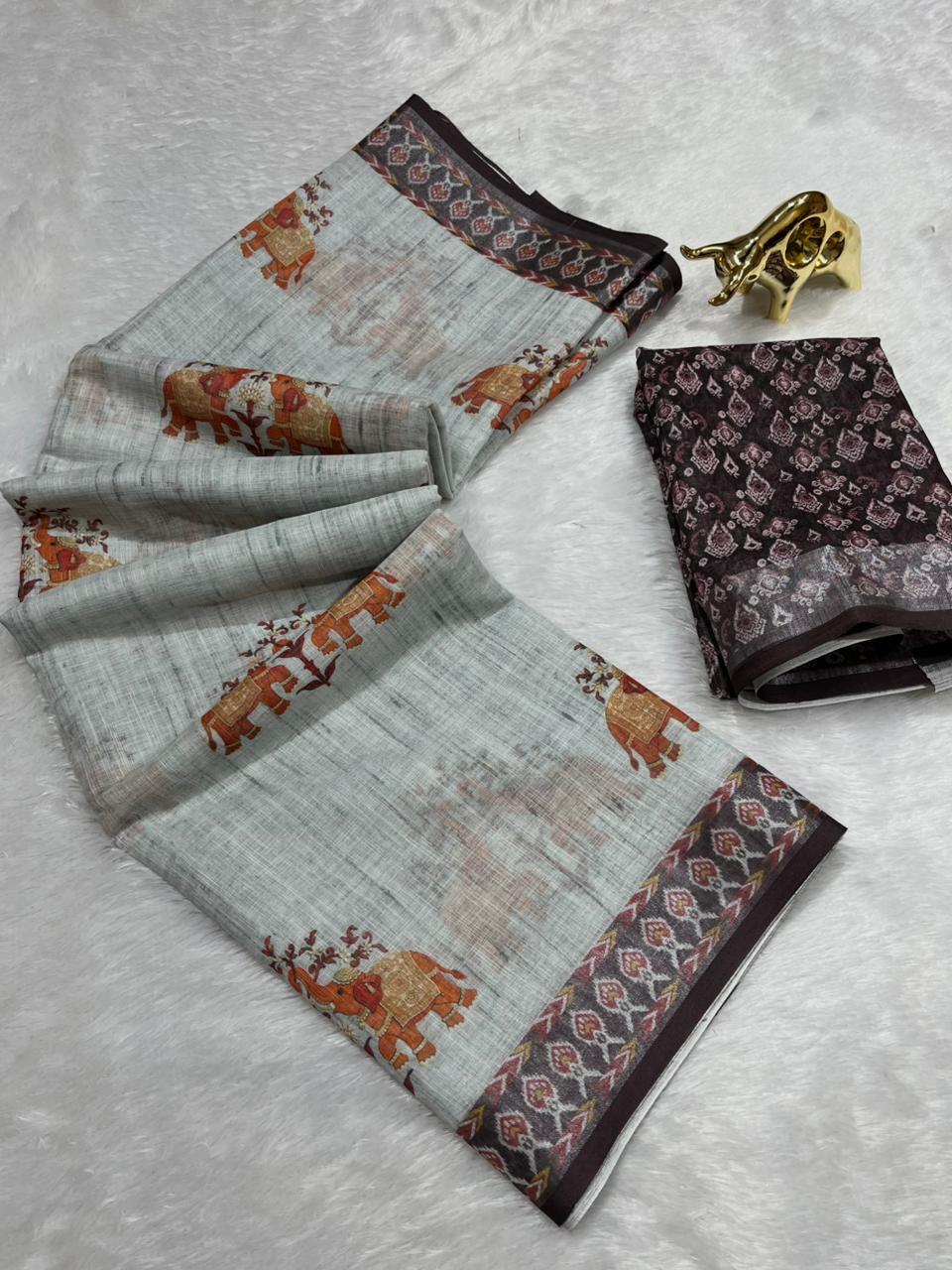 Soft Linen Cotton Saree with Animal Digital Prints & Silver Zari Border
