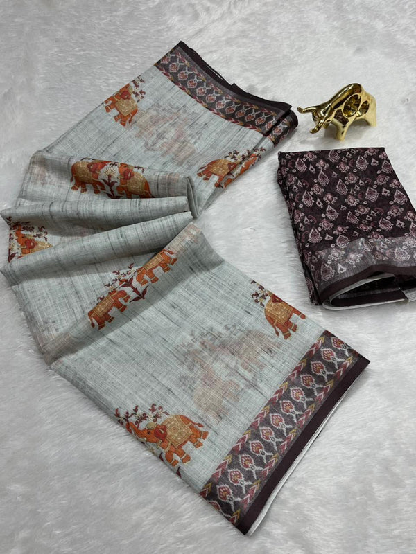 Soft Linen Cotton Saree with Animal Digital Prints & Silver Zari Border