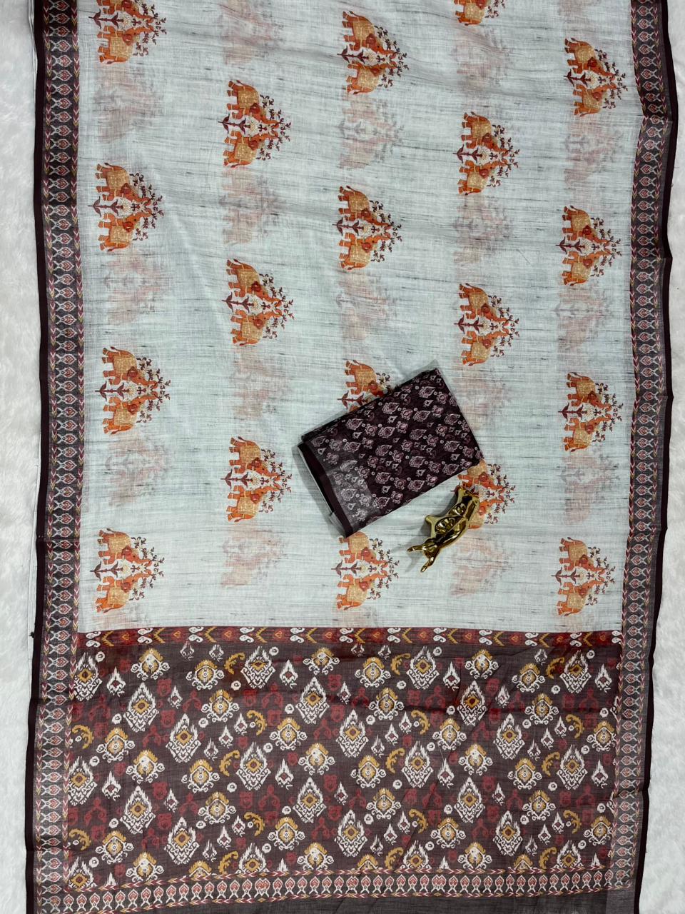 Soft Linen Cotton Saree with Animal Digital Prints & Silver Zari Border
