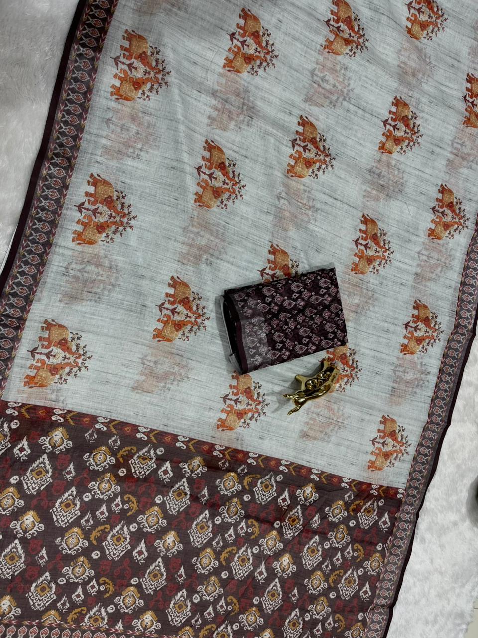 Soft Linen Cotton Saree with Animal Digital Prints & Silver Zari Border