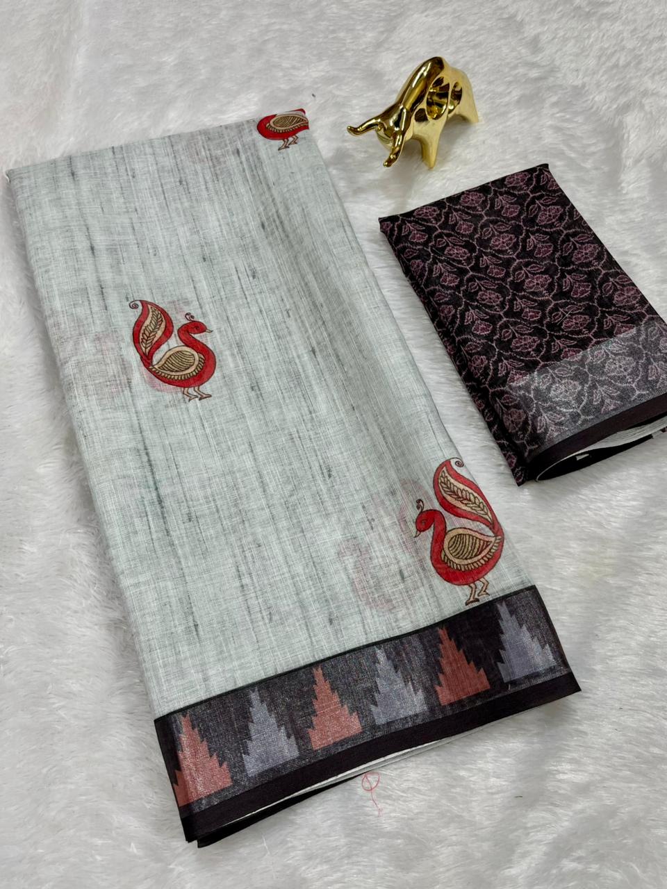 Soft Linen Cotton Saree with Animal Digital Prints & Silver Zari Border