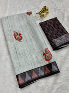 Soft Linen Cotton Saree with Animal Digital Prints & Silver Zari Border