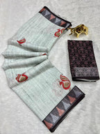 Soft Linen Cotton Saree with Animal Digital Prints & Silver Zari Border
