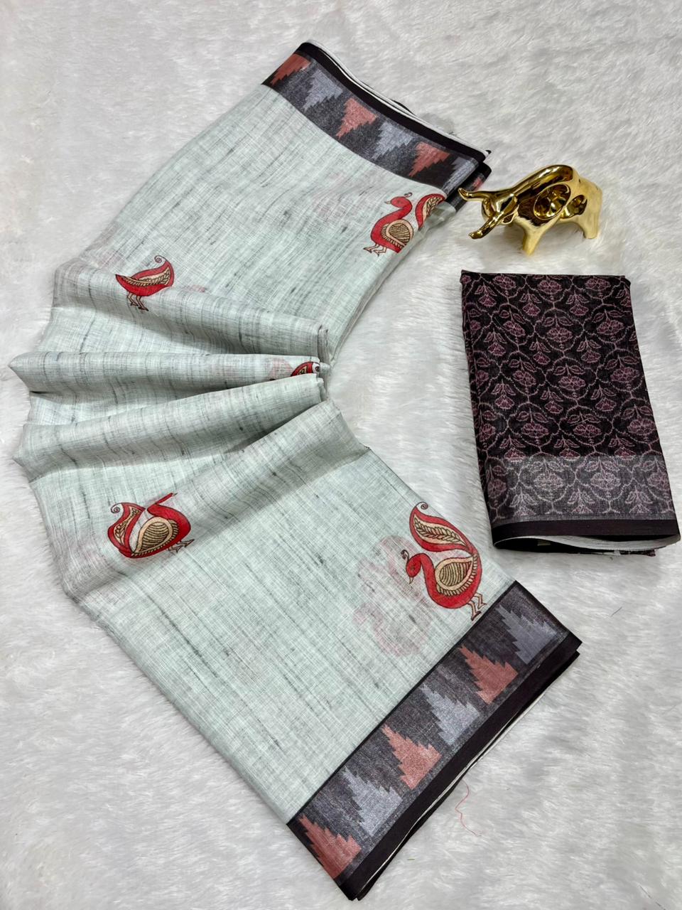 Soft Linen Cotton Saree with Animal Digital Prints & Silver Zari Border