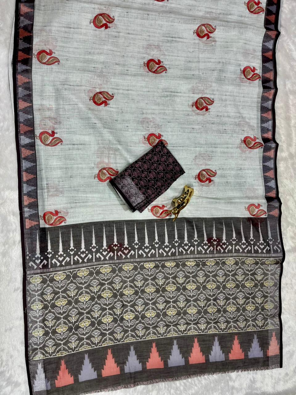 Soft Linen Cotton Saree with Animal Digital Prints & Silver Zari Border