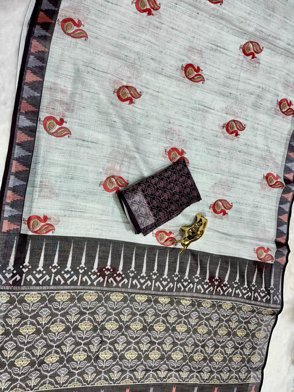 Soft Linen Cotton Saree with Animal Digital Prints & Silver Zari Border