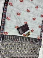 Soft Linen Cotton Saree with Animal Digital Prints & Silver Zari Border