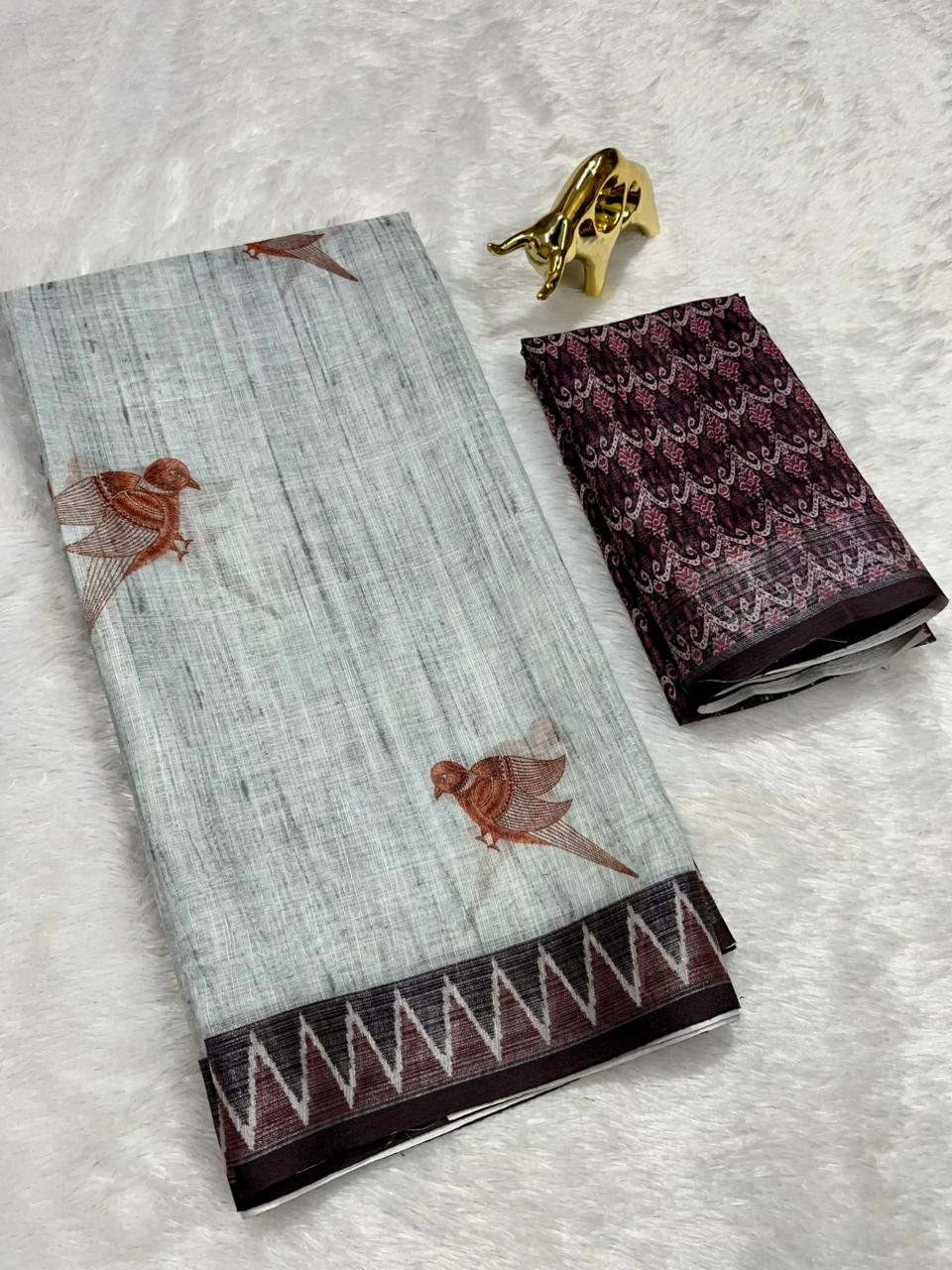 Soft Linen Cotton Saree with Animal Digital Prints & Silver Zari Border