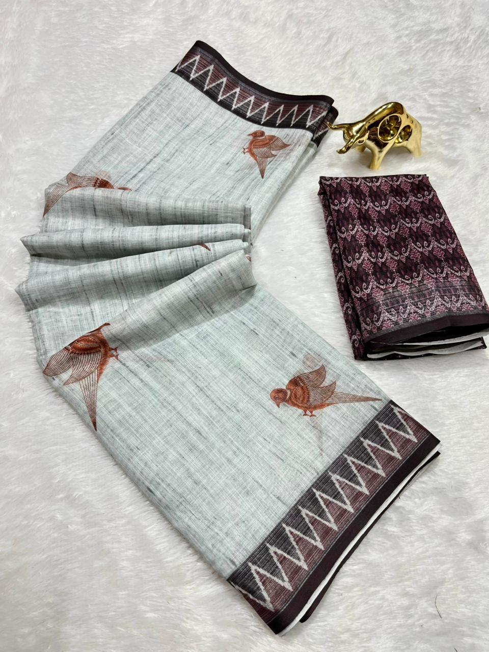 Soft Linen Cotton Saree with Animal Digital Prints & Silver Zari Border