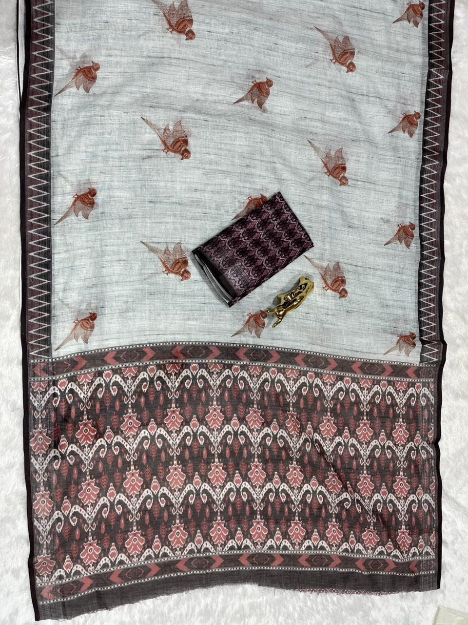 Soft Linen Cotton Saree with Animal Digital Prints & Silver Zari Border