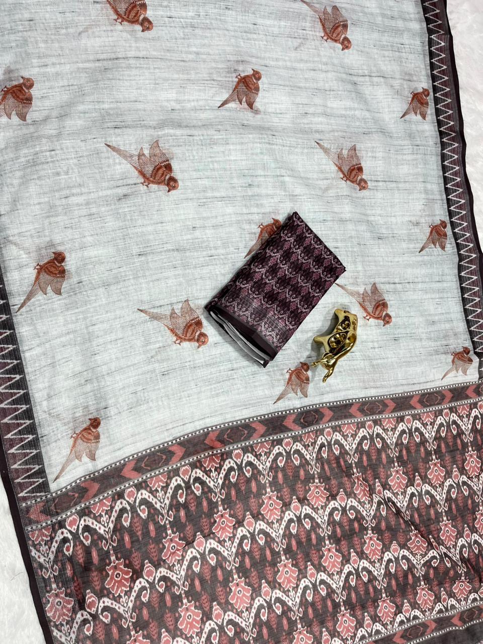 Soft Linen Cotton Saree with Animal Digital Prints & Silver Zari Border
