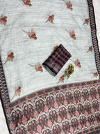 Soft Linen Cotton Saree with Animal Digital Prints & Silver Zari Border