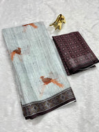 Soft Linen Cotton Saree with Animal Digital Prints & Silver Zari Border