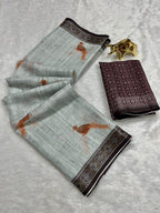 Soft Linen Cotton Saree with Animal Digital Prints & Silver Zari Border
