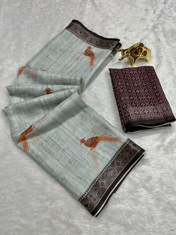 Soft Linen Cotton Saree with Animal Digital Prints & Silver Zari Border