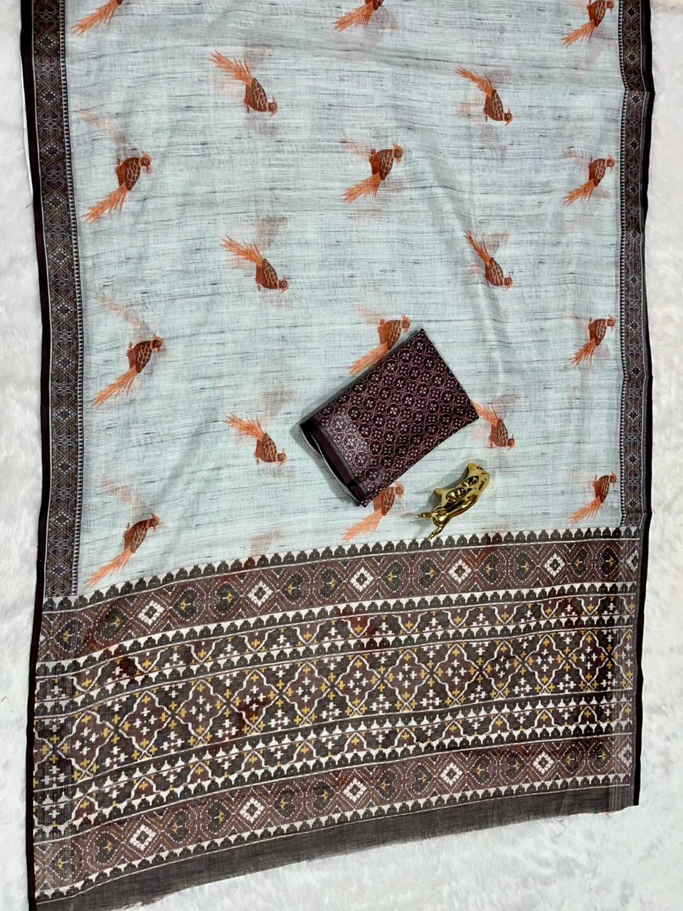 Soft Linen Cotton Saree with Animal Digital Prints & Silver Zari Border