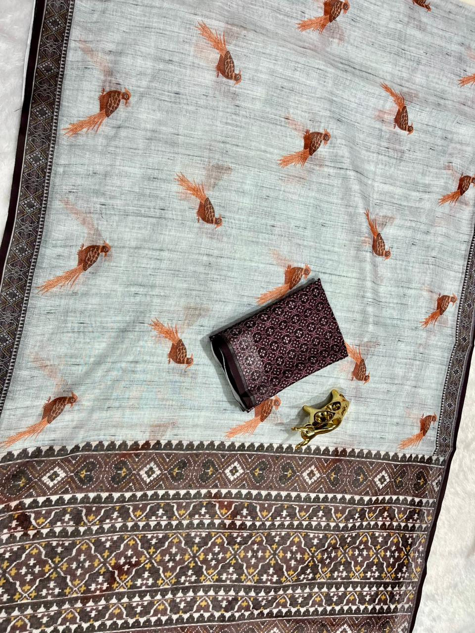 Soft Linen Cotton Saree with Animal Digital Prints & Silver Zari Border