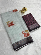 Soft Linen Cotton Saree with Animal Digital Prints & Silver Zari Border