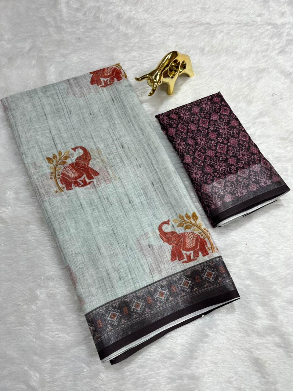 Soft Linen Cotton Saree with Animal Digital Prints & Silver Zari Border