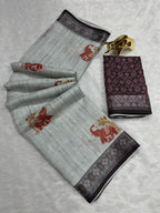 Soft Linen Cotton Saree with Animal Digital Prints & Silver Zari Border