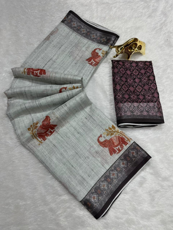 Soft Linen Cotton Saree with Animal Digital Prints & Silver Zari Border