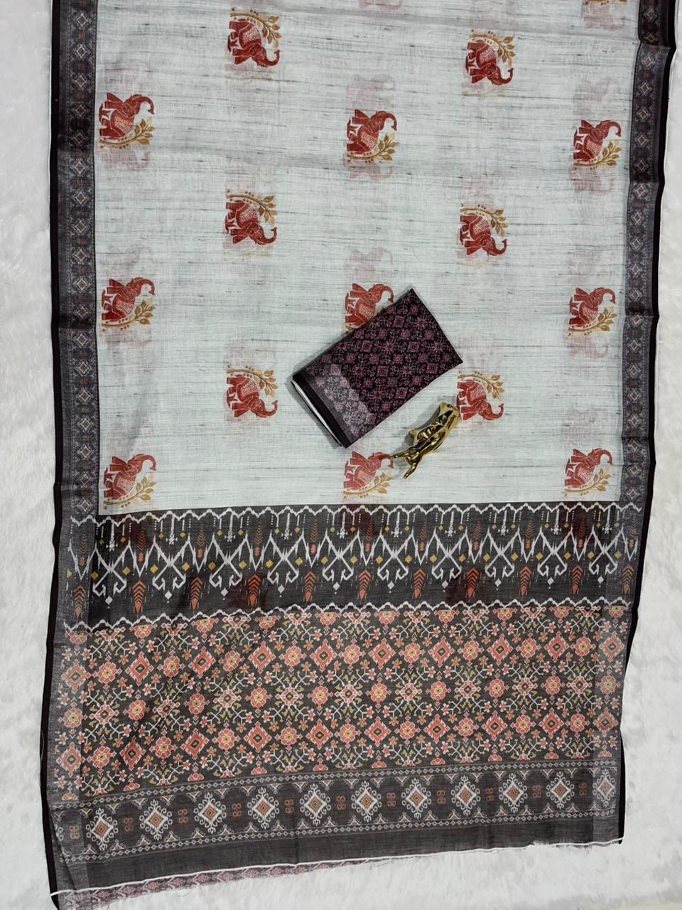 Soft Linen Cotton Saree with Animal Digital Prints & Silver Zari Border