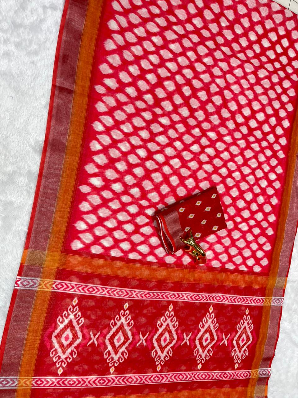 Soft Linen Cotton Saree with Ikkat Digital Prints & Silver Zari Border