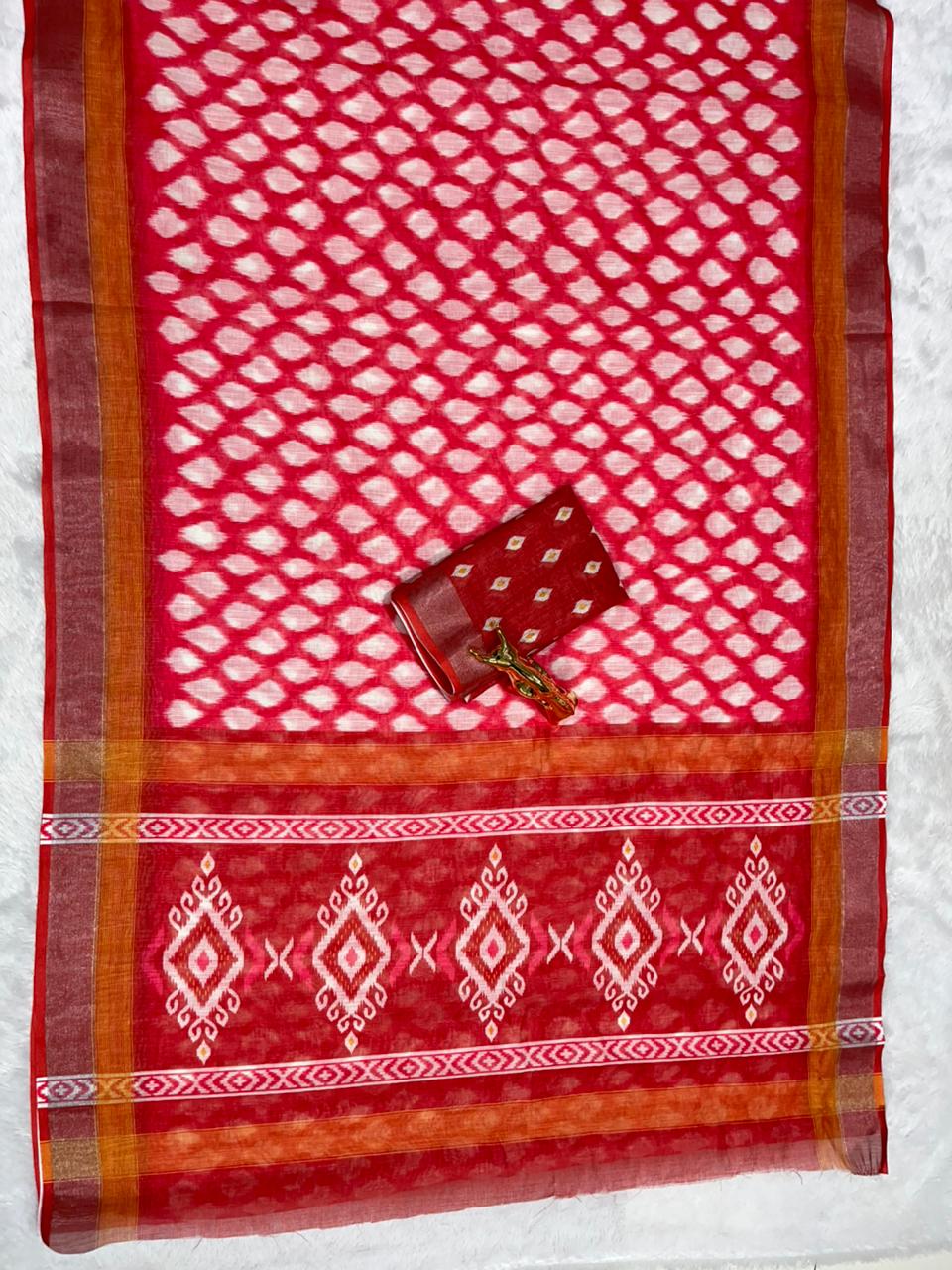 Soft Linen Cotton Saree with Ikkat Digital Prints & Silver Zari Border