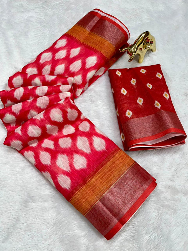 Soft Linen Cotton Saree with Ikkat Digital Prints & Silver Zari Border