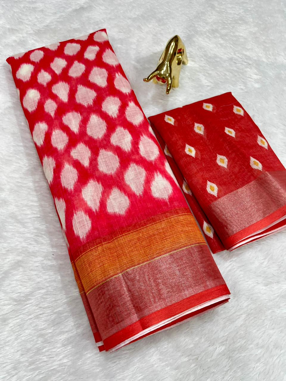 Soft Linen Cotton Saree with Ikkat Digital Prints & Silver Zari Border