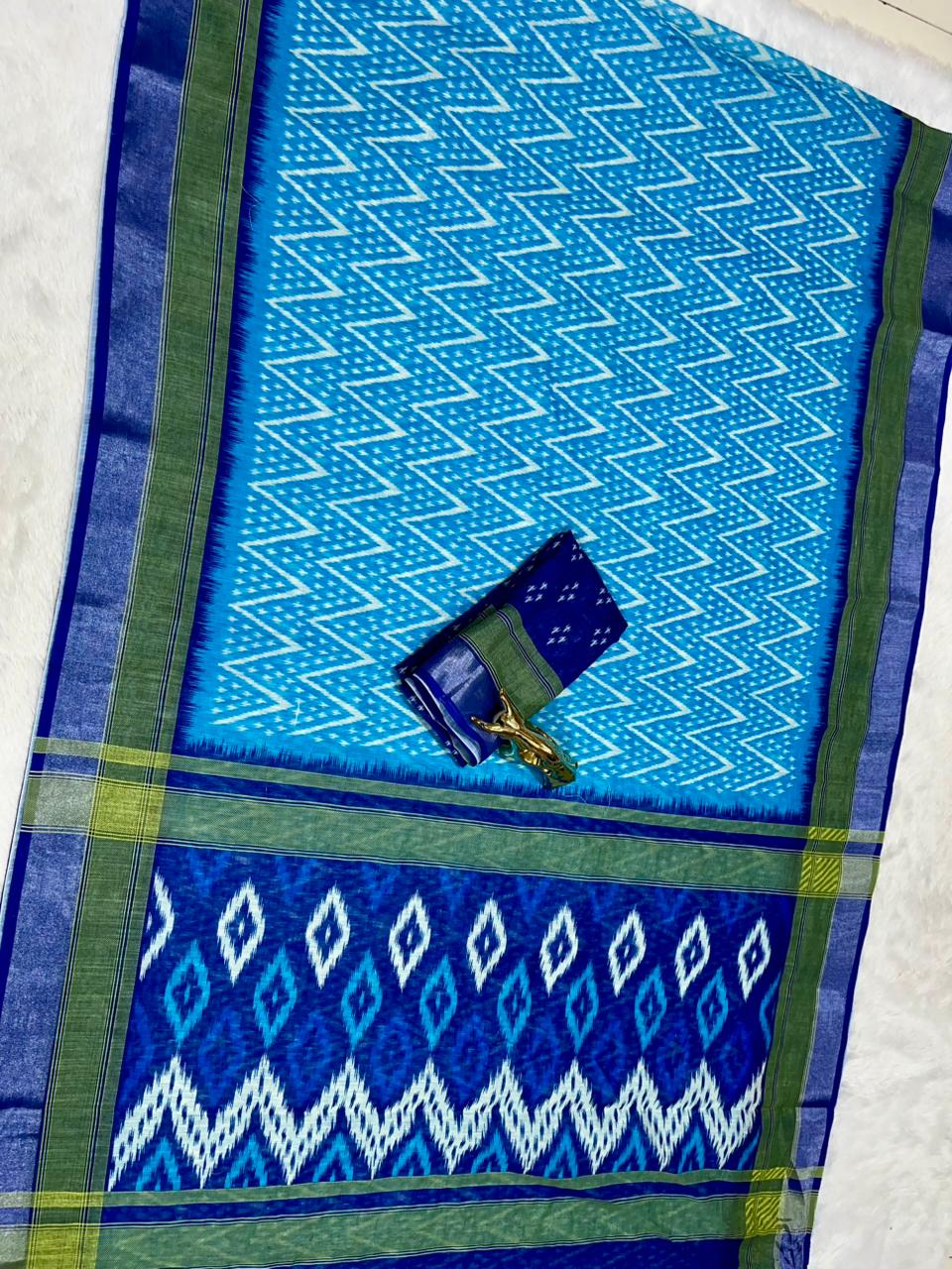 Soft Linen Cotton Saree with Ikkat Digital Prints & Silver Zari Border