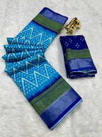 Soft Linen Cotton Saree with Ikkat Digital Prints & Silver Zari Border