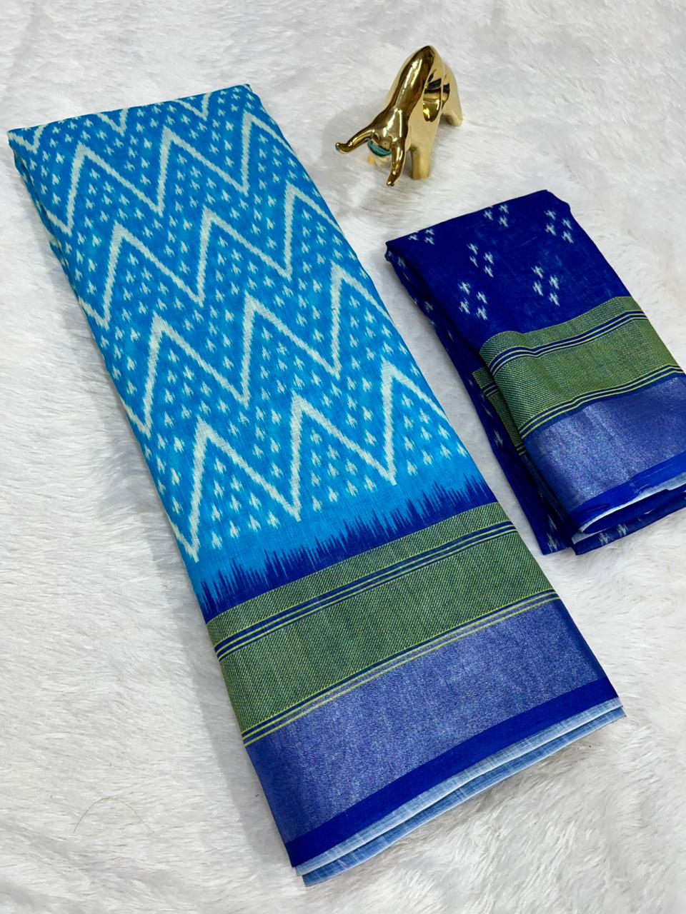 Soft Linen Cotton Saree with Ikkat Digital Prints & Silver Zari Border