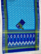 Soft Linen Cotton Saree with Ikkat Digital Prints & Silver Zari Border