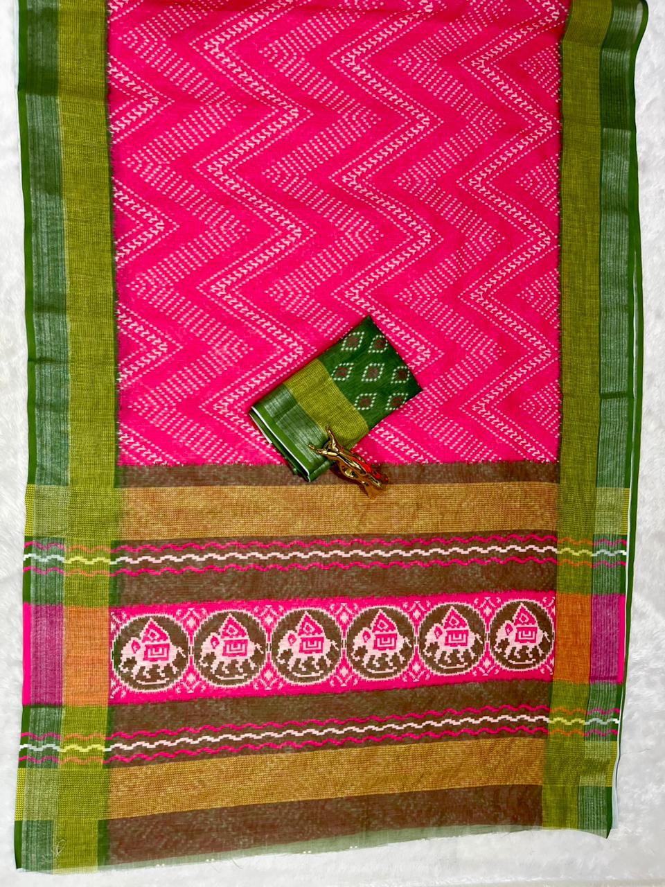 Soft Linen Cotton Saree with Ikkat Digital Prints & Silver Zari Border