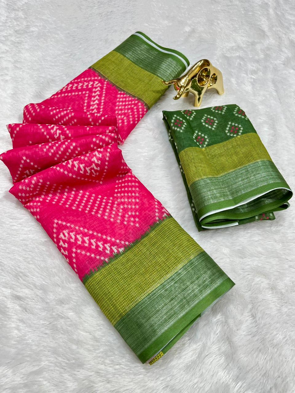 Soft Linen Cotton Saree with Ikkat Digital Prints & Silver Zari Border