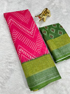 Soft Linen Cotton Saree with Ikkat Digital Prints & Silver Zari Border