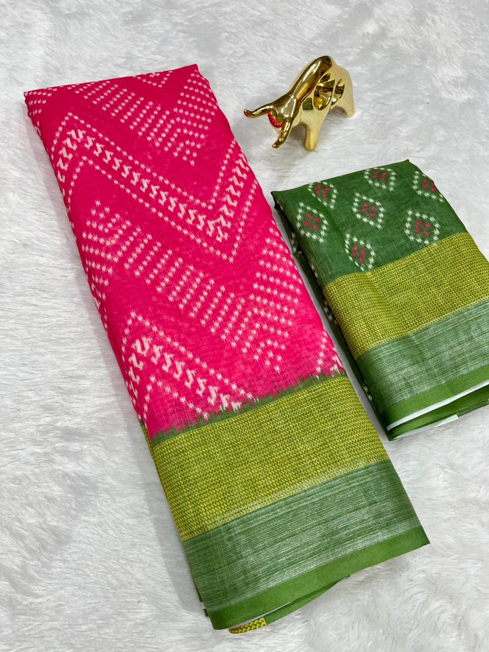 Soft Linen Cotton Saree with Ikkat Digital Prints & Silver Zari Border