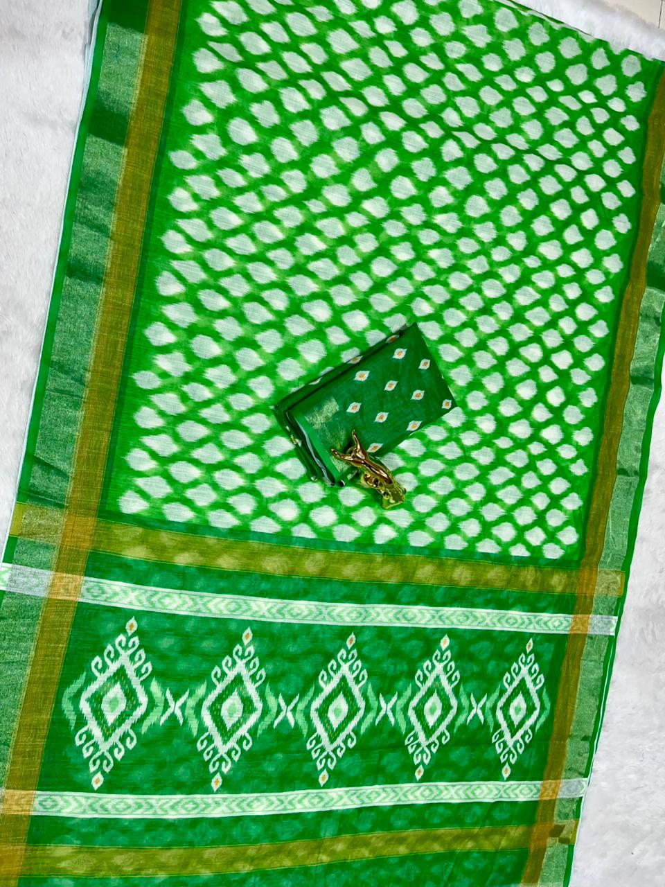 Soft Linen Cotton Saree with Ikkat Digital Prints & Silver Zari Border