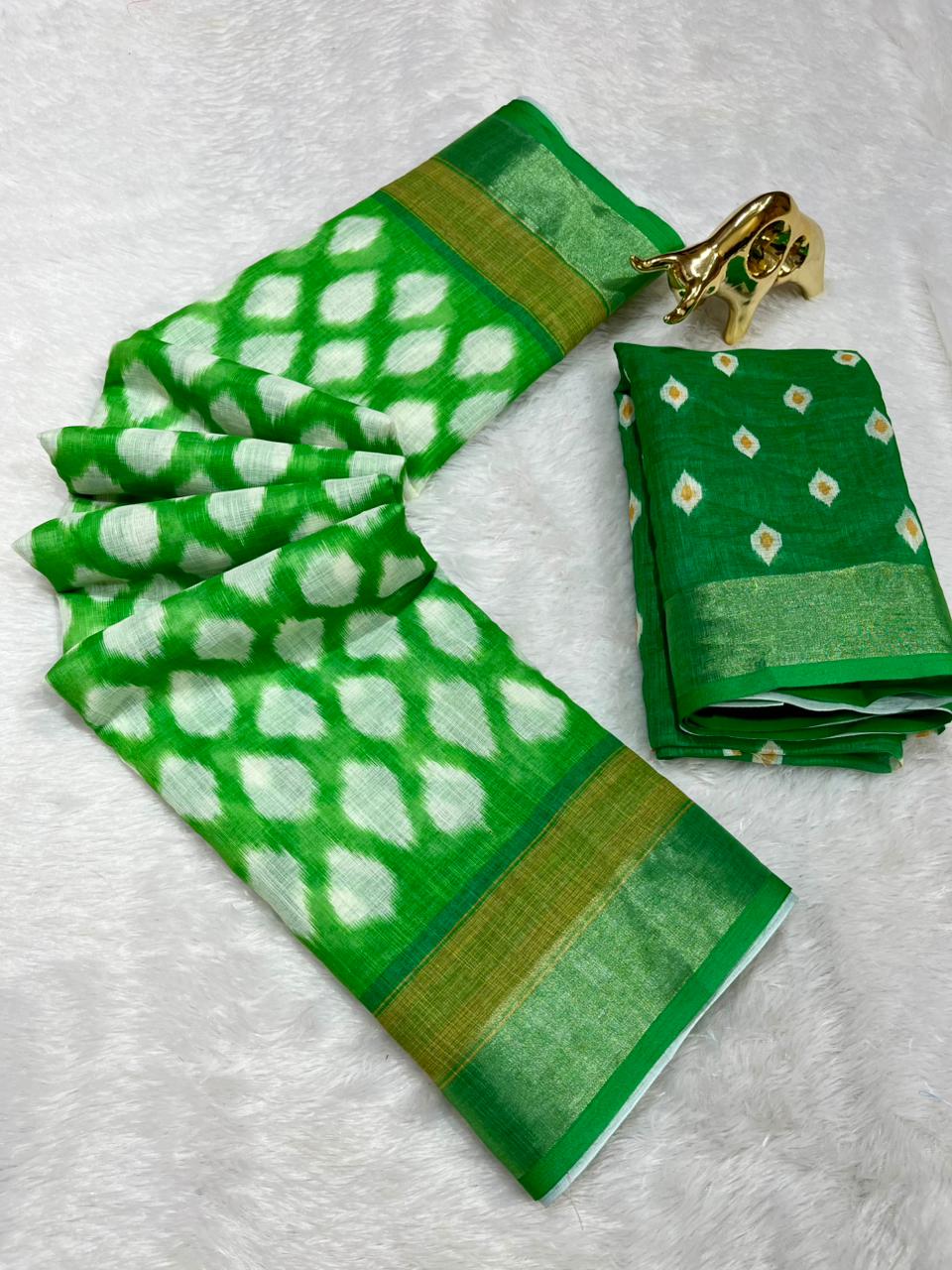 Soft Linen Cotton Saree with Ikkat Digital Prints & Silver Zari Border