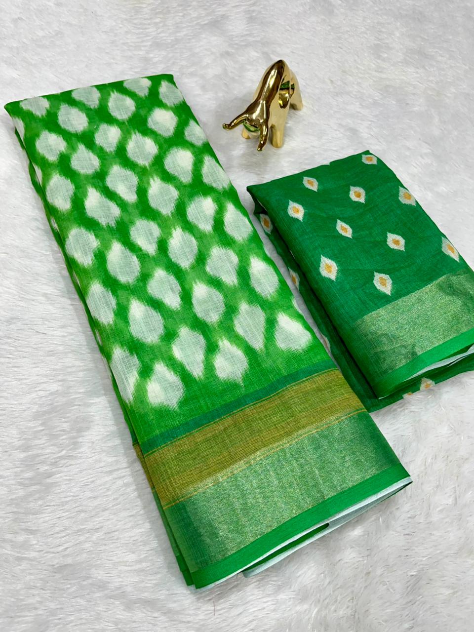 Soft Linen Cotton Saree with Ikkat Digital Prints & Silver Zari Border