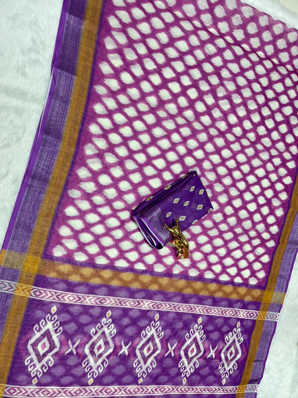Soft Linen Cotton Saree with Ikkat Digital Prints & Silver Zari Border