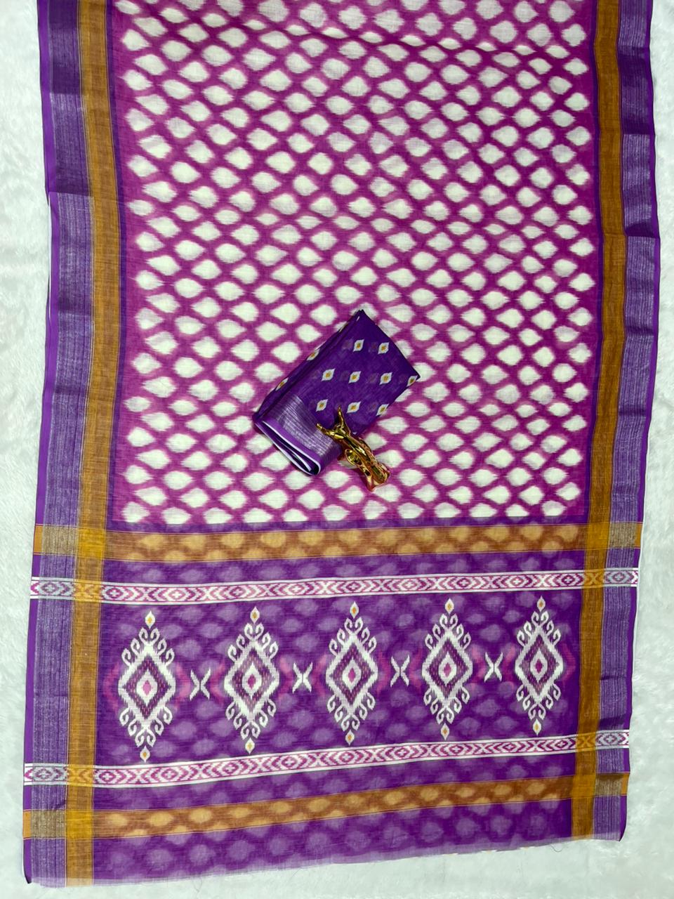 Soft Linen Cotton Saree with Ikkat Digital Prints & Silver Zari Border