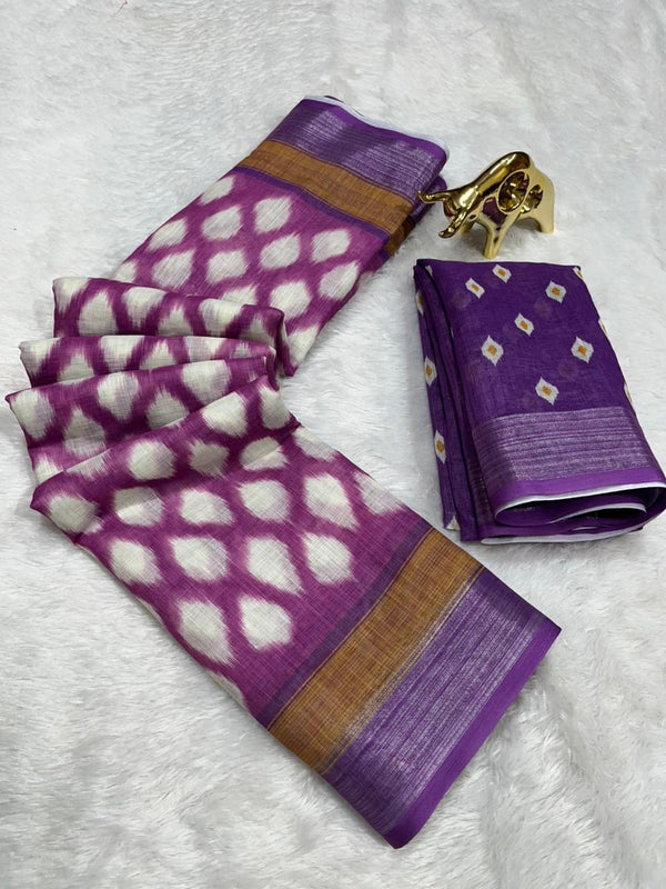 Soft Linen Cotton Saree with Ikkat Digital Prints & Silver Zari Border