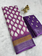 Soft Linen Cotton Saree with Ikkat Digital Prints & Silver Zari Border