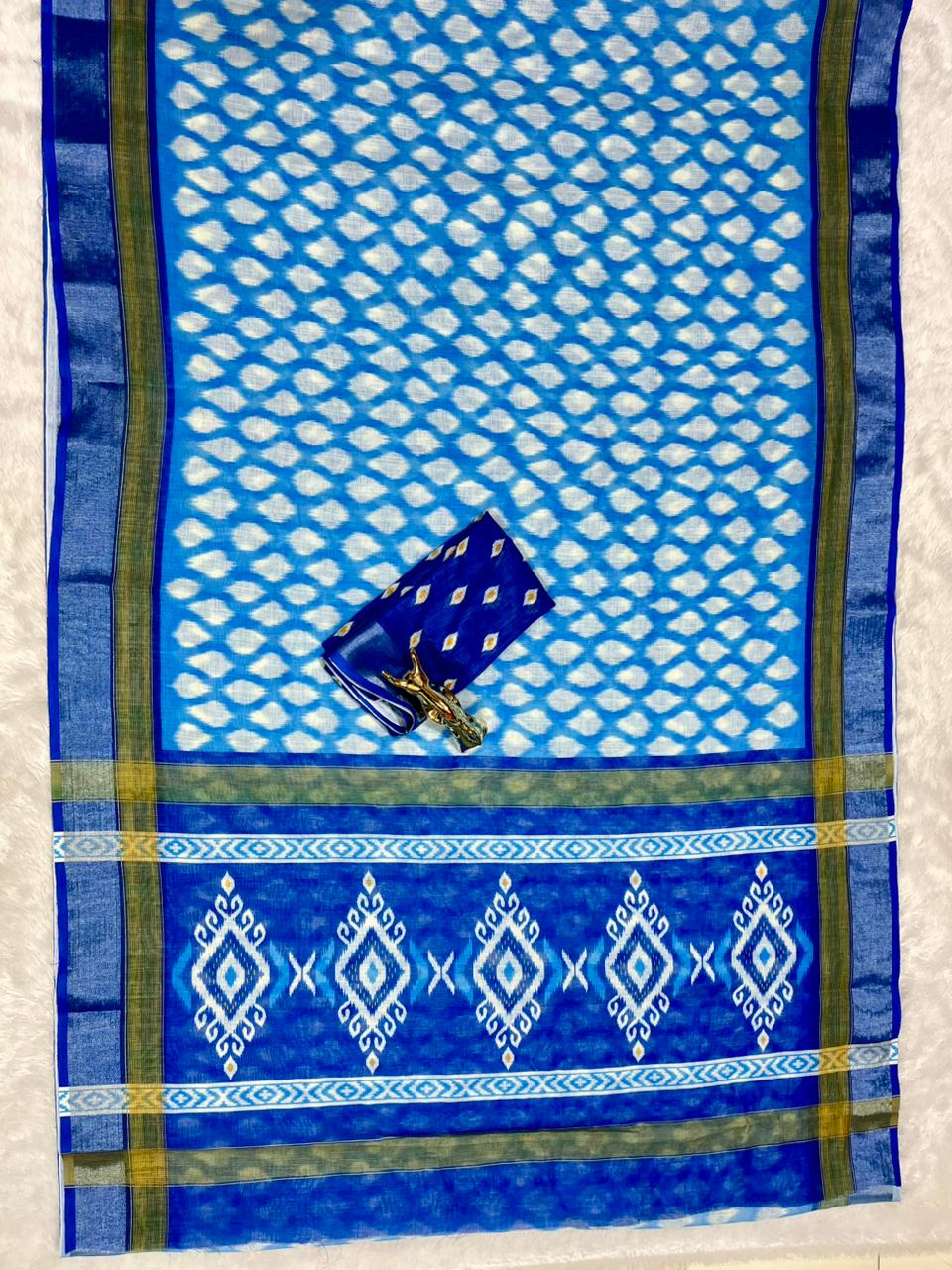 Soft Linen Cotton Saree with Ikkat Digital Prints & Silver Zari Border