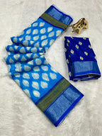 Soft Linen Cotton Saree with Ikkat Digital Prints & Silver Zari Border