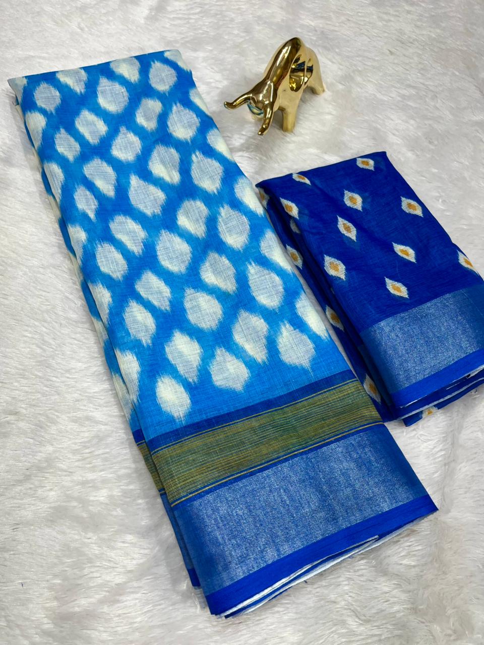 Soft Linen Cotton Saree with Ikkat Digital Prints & Silver Zari Border